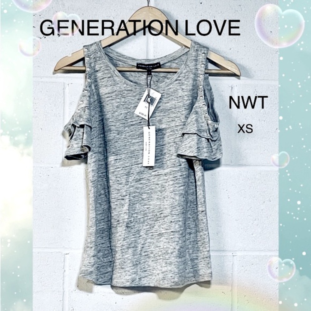 NWT GENERATION LOVE lunar pearl ruffle cap sleeves cutout shoulder tee grey
